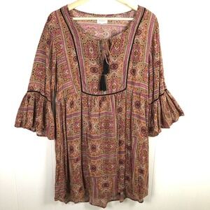 World Market Babydoll Dress Women's Size S/M Colorful Bohemian Tassel Tie‎